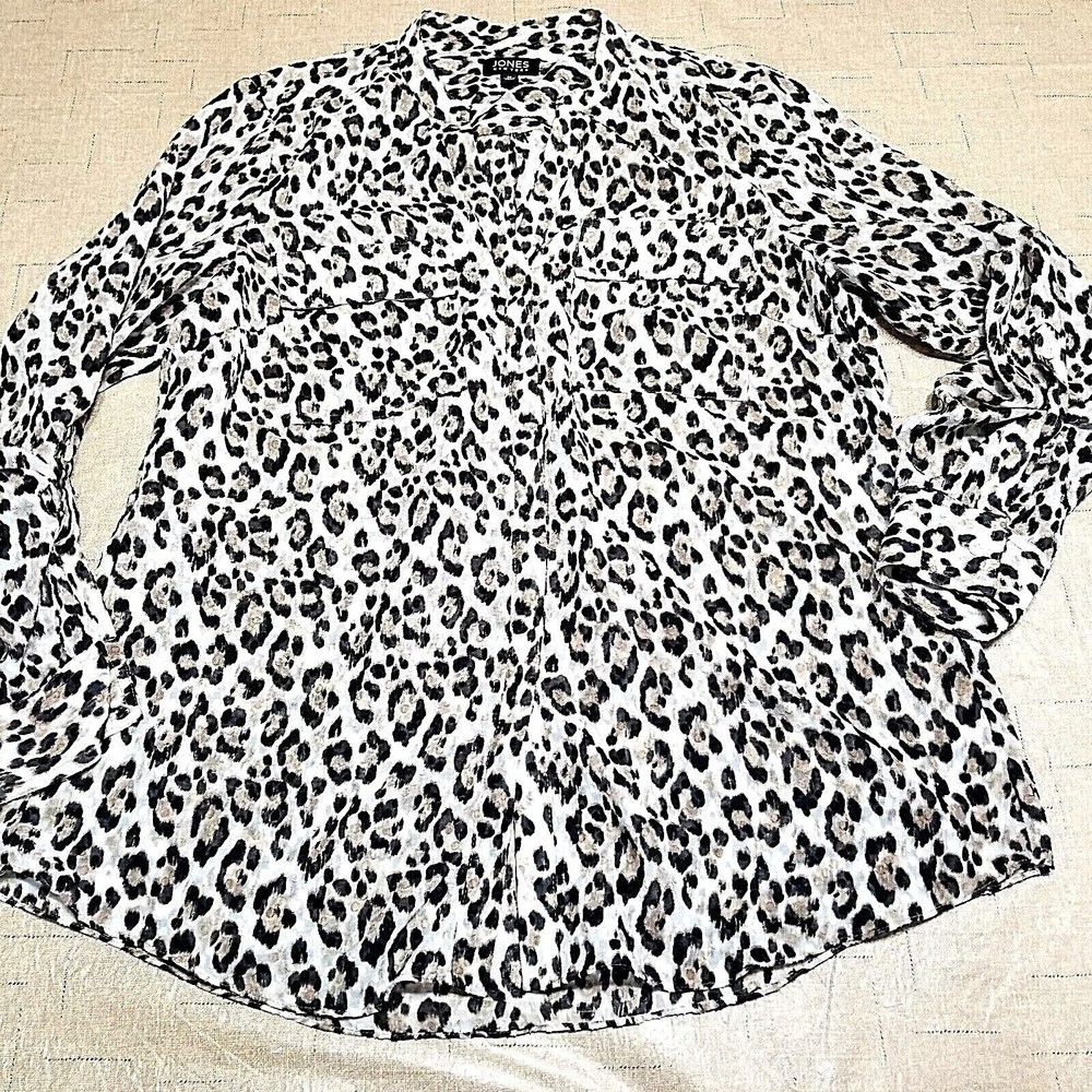 Jones New York Women Brown Sheer Leopard Print Blouse Size M Top Long Sleeve